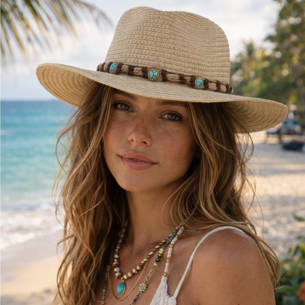 Beige Straw Hat with Turquoise Accents